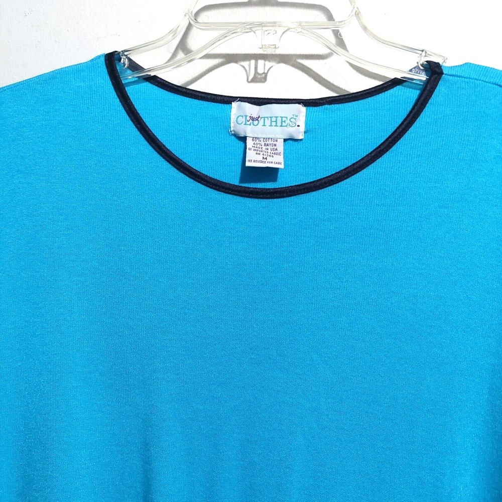Just Clothes Womens Medium Knit Shift Dress Aqua Short Sleeves Piping "USA" - Picture 3 of 6